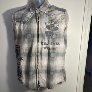 Sleeveless cutoff button down shirt. Brand new but has no tags.
